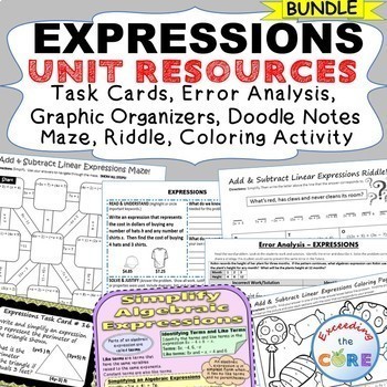 EXPRESSIONS Bundle - Task Cards, Error Analysis, Word Problems, Puzzles, Notes