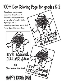 Preview of 100th Day Coloring Page: EYE Survived 100 Days!