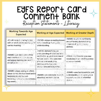 Preview of EYFS Report Card Comment Bank - Reception Statements - Literacy