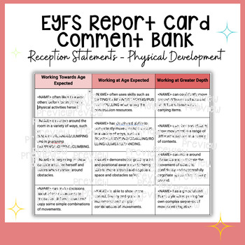 Preview of EYFS Report Card Comment Bank - Reception Statements - Physical Development