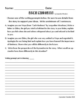 Preview of Each Kindness by Jacqueline Woodson :  Writing prompt for 3rd-5th grade