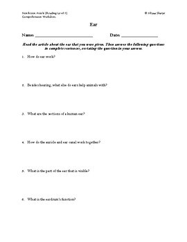 Preview of Ear Article (Reading Level 1) Comprehension Worksheet