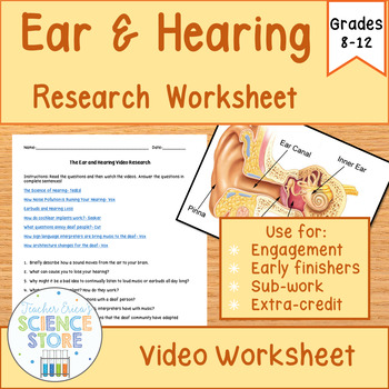 Preview of Ear & Hearing Research Worksheet- FREEBIE