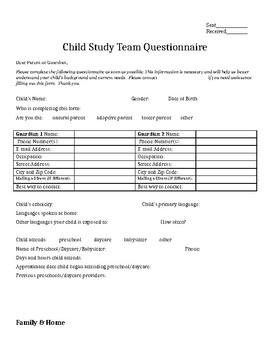 Preview of Early Childhood Assessment Parent Questionnaire