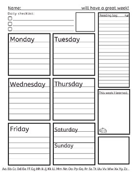 Preview of Early Elementary Student Weekly Planner Printable
