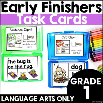 Preview of Early Finishers Activities Task Card Boxes for 1st Grade - LANGUAGE ARTS ONLY