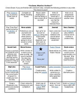 Early Finishers: Choice Board by Miss Simpson ELA | TpT