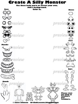 Preview of Art Worksheet: Draw a Silly Monster - Early Finishers Art Subs Printables