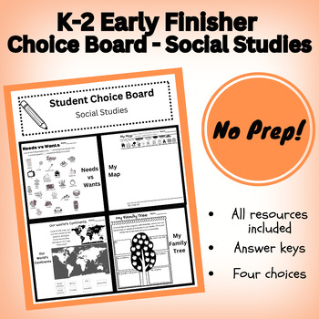 Preview of K-2 Social Studies Choice Board - Early Finisher Activities - No Prep