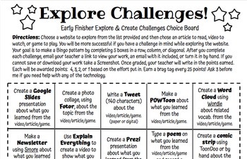 Preview of Early Finsher Choice Board for Any Subject (uses Tech.) EDITABLE Middle School