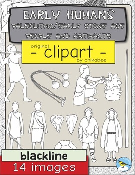 Preview of Early Humans Clip Art: Paleo / Early Stone Age People + Artifacts (BLACKLINE)