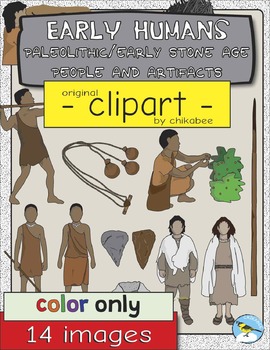 Preview of Early Humans Clip Art: Paleo / Early Stone Age People + Artifacts (COLOR)