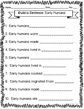 early humans writing activity for special education by special middle