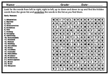Preview of Early Humans Stone Age, Word Search Worksheet, Ancient History, Anthropology