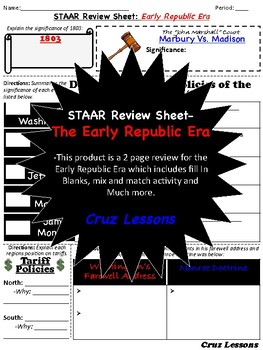 Preview of Early Republic Era, STAAR Review Sheet