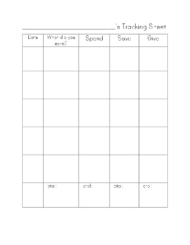 Preview of Earn, Give, Save, Spend Tracking Sheet for Kids