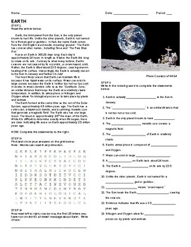 Preview of Earth- Article, Questions, Wordsearch, and Hidden Message!