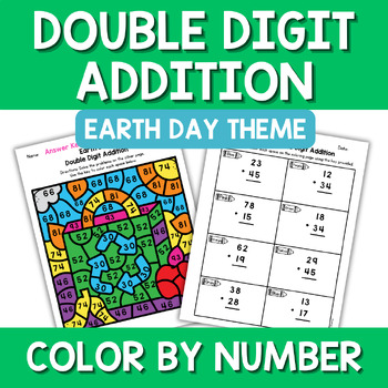 Preview of Earth Day 2 Digit Addition Color By Number Math Center Station Craft Activity
