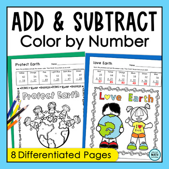 Preview of Earth Day 2-Digit Addition and Subtraction Practice Color by Number Pages