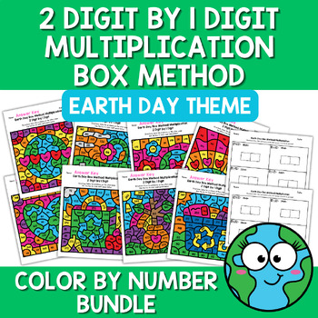 Preview of Earth Day 2 Digit by 1 Digit Multiplication Box Method Area Model Center Bundle