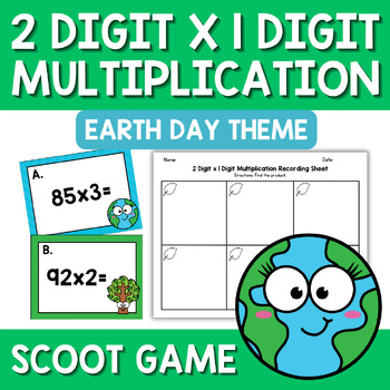 Preview of Earth Day 2 Digit by 1 Digit Multiplication Scoot Game Task Cards Math Center