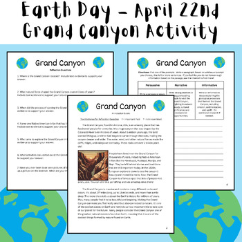 Preview of Earth Day 2024 Reading+Writing Activity: Grand Canyon