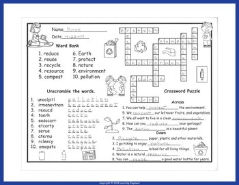 Reduce Reuse Recycle Word Search Word Scramble and Crossword TpT
