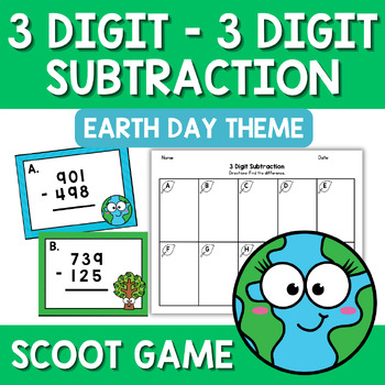 Preview of Earth Day 3 Digit Subtraction Scoot Game Task Cards 2nd Grade Math Center 2nd