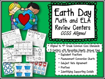 Preview of Earth Day 4th Grade ELA and Math Review Centers