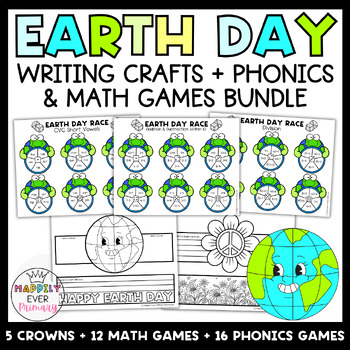 Preview of Earth Day Activities Bundle | Phonics and Math Games | Writing Craft Crown