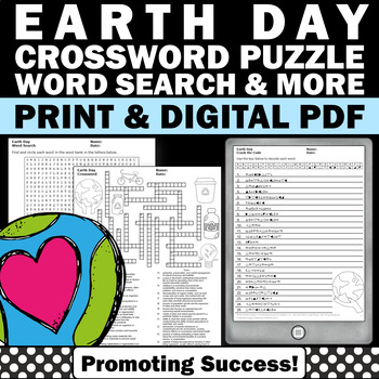 Preview of Earth Day ELA Activities Word Search Crossword Environmental Science Worksheets