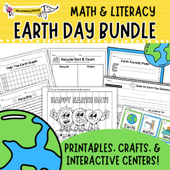 Preview of Earth Day Activity Bundle | K-1 Math, Literacy, Writing, Crafts, & MORE!