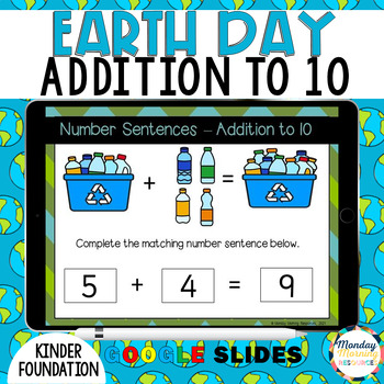 Preview of Earth Day Addition Activity - Addition to 10 Number Sentences -Kindergarten Math
