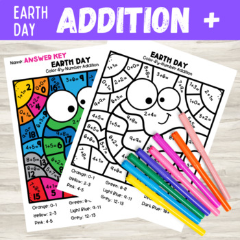 Preview of Earth Day Addition Color by Number Answer Math Worksheet | Second Grade