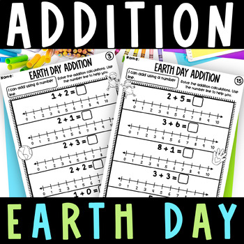 Preview of Earth Day Addition Number Line Worksheets Kindergarten