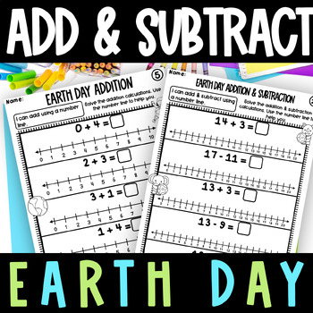 Preview of Earth Day Addition Subtraction Number Line Worksheet Bundle