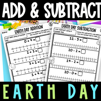 Preview of Earth Day Addition Subtraction Number Line Worksheet Bundle Kindergarten