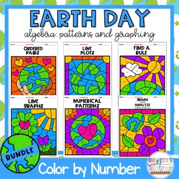 Preview of Earth Day Algebra Patterns and Graphing 5th Grade Math Color by Number Bundle