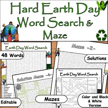 Preview of Earth Day April 22nd :Hard Word Search & Maze with 48 Words Find Puzzles