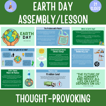 Preview of Earth Day Assembly/Lesson Planet vs Plastics Editable PPT+Google Slides US+UK