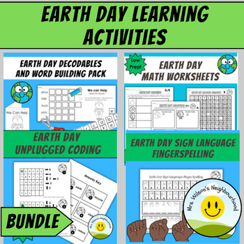 Preview of Earth Day BUNDLE Writing, Math, Unplugged Coding, Sign Language Project Pack