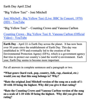 Preview of Earth Day - "Big Yellow Taxi" - Joni Mitchell song journal writing prompt