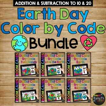 Preview of Earth Day Boom Cards™ Color by Code BUNDLE | 6 Decks Addition and  Subtraction