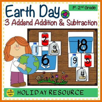Preview of Earth Day Build 3 Addend Addition & Subtraction Number Sentences