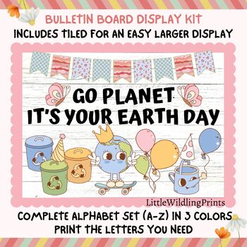 Preview of Earth Day Bulletin Board Kit, Groovy Retro Planet Earth Bulletin Kit, Recycle