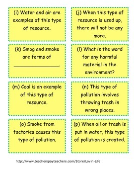 Earth Day Challenge Game- 3rd Grade Science Pollution, Resources