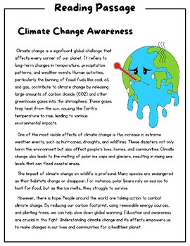 Preview of Earth Day Climate Change Reading Comprehension Passage & Questions | EDITABLE