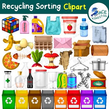 Preview of Earth Day Clipart Set, Recycling Sorting Trash | Color and B&W