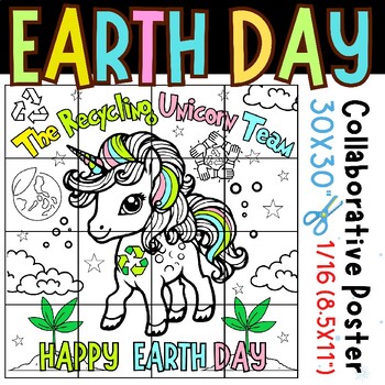 Preview of Earth Day Collaborative Coloring Poster : The Recycling Unicorn Team Project art