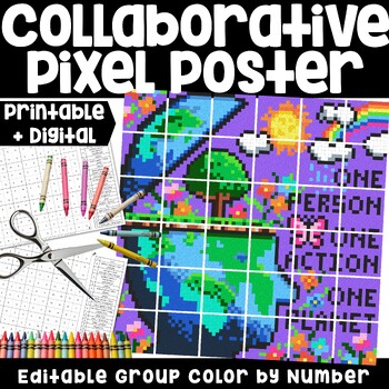 Preview of Earth Day Collaborative Pixel Poster STEM Coloring by Number - One Plastic Bag